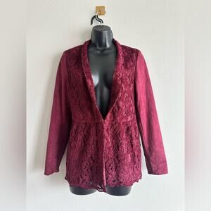 Chicos Faux Suede Lace Blazer Jacket Wine Burgundy Size 0 Fits S/M Romantic Boho